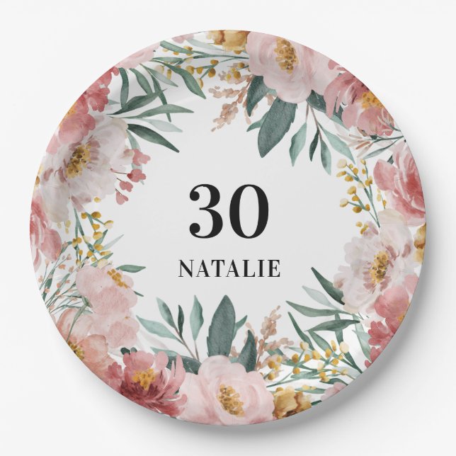 Assiettes En Carton Fille aquarelle florale anniversaire rose chic cla (Devant)