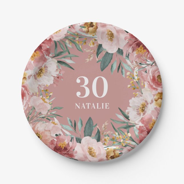 Assiettes En Carton Fille aquarelle florale anniversaire rose chic cla (Devant)