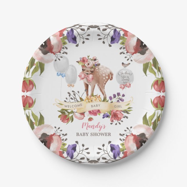 Assiettes En Carton Fille aquarelle Oh Baby shower cerf (Devant)