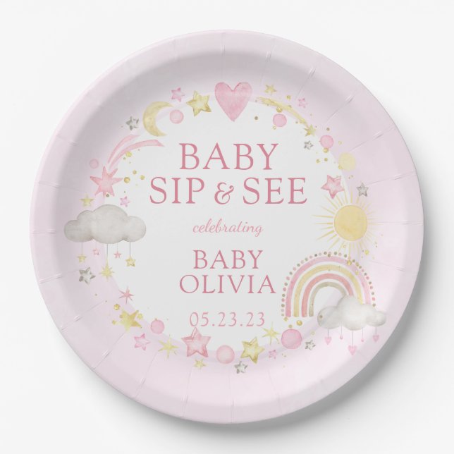 Assiettes En Carton Fille Aquarelle Rainbow Baby Sip Et Voir (Devant)
