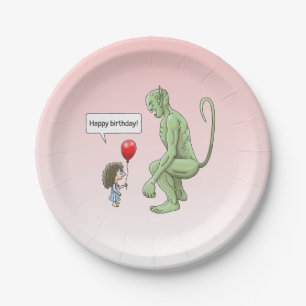 Assiettes En Carton Fille au ballon et troll vert