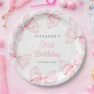 Assiettes En Carton Fille au Nœud Rose Premier Anniversaire
