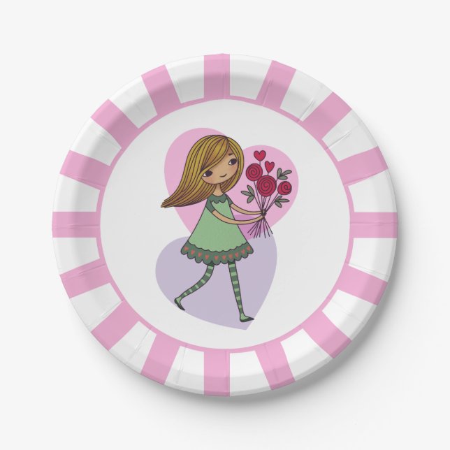 Assiettes En Carton Fille aux fleurs (Devant)