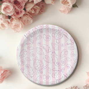 Assiettes En Carton Fille aux rayures roses côtières Baby Shower Mer J