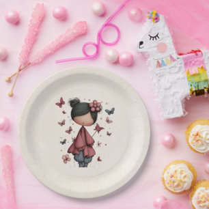 Assiettes En Carton Fille avec baguette magique et papillons Mignonne