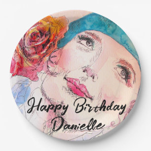 Assiettes En Carton Fille avec Rose Rouge Beret fête d'anniversaire Fi