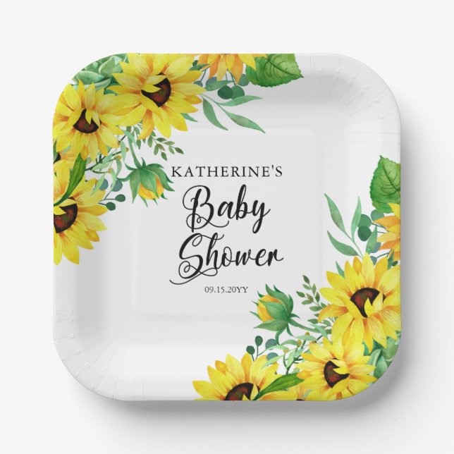Assiettes En Carton Fille Baby shower Boho Tournesols | Pap Eucalyptus (Recto)