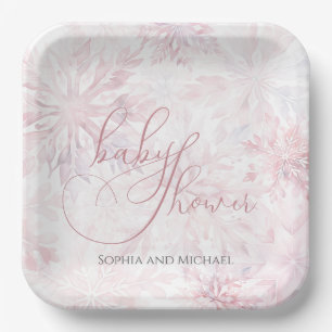 Assiettes En Carton Fille Baby shower d'hiver Feu de neige rose