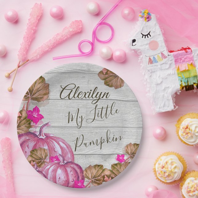 Assiettes En Carton Fille Baby shower Gris Bois Automne Citrouille ros (Fête)