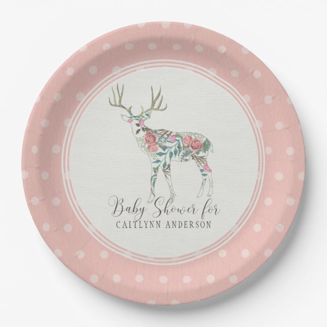 Assiettes En Carton Fille Baby shower Moderne Rose Floral Deer Antlers (Devant)