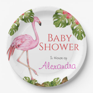 Assiettes En Carton Fille Baby shower rose Flamant rose faune tropical
