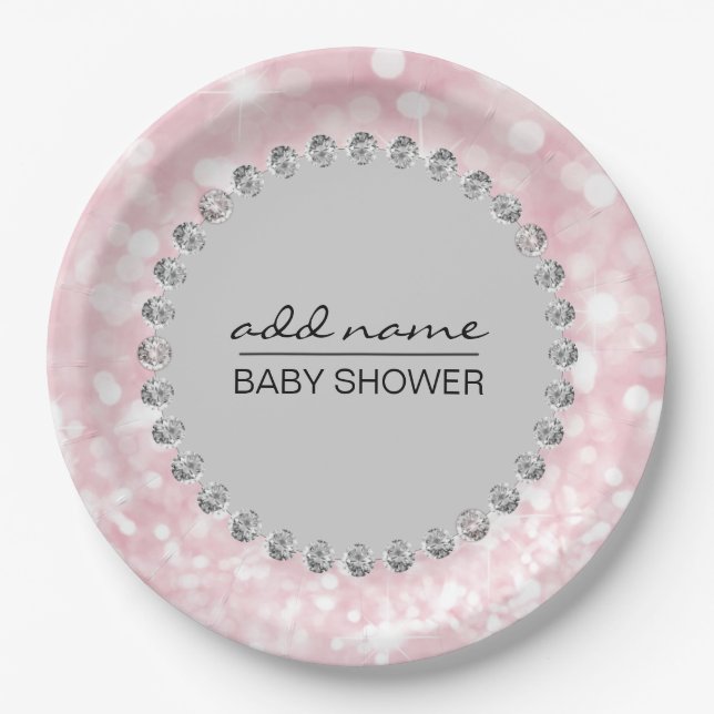 Assiettes En Carton Fille Baby shower rose/gris personnalisée (Devant)