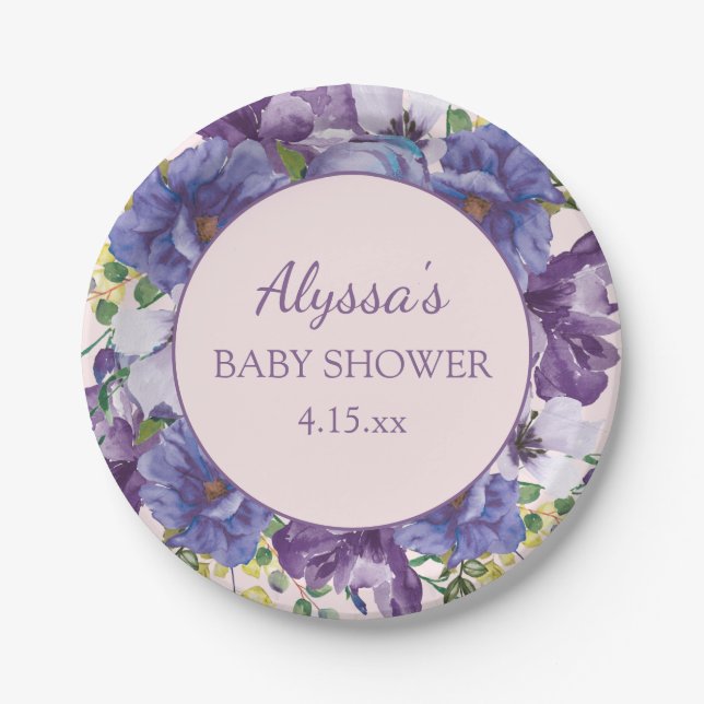 Assiettes En Carton Fille baby shower violet rose jaune floral (Devant)