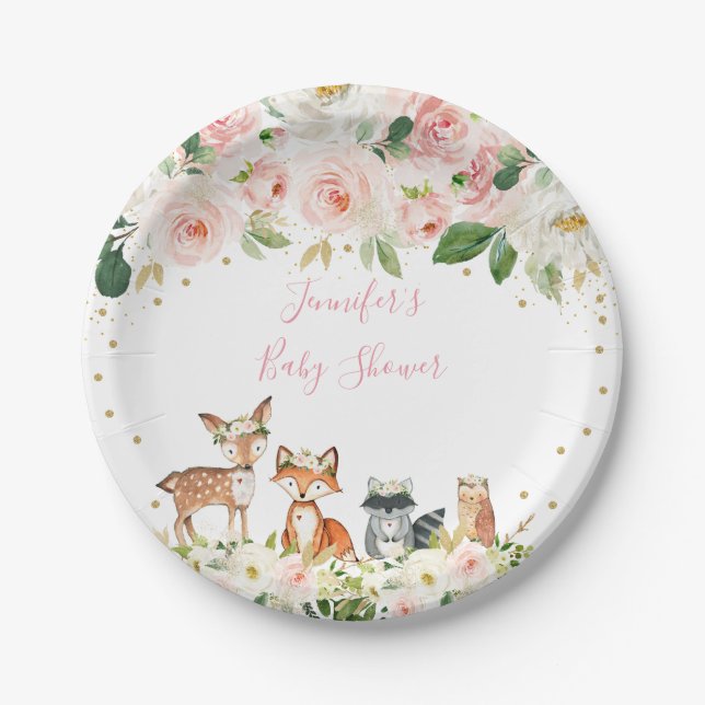 Assiettes En Carton Fille Baby shower Woodland Blush Floral (Devant)