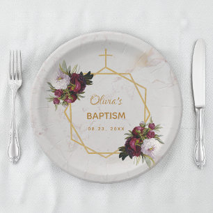 Assiettes En Carton Fille Baptême Bourgogne Peonies Marbre Or Floral