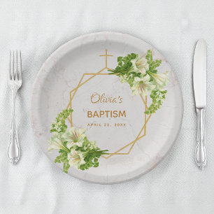 Assiettes En Carton Fille Baptême Floral Lys Marbre Or Géométrique