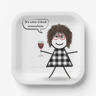 Assiettes En Carton Fille bâton avec humour de fête au vin rouge 
