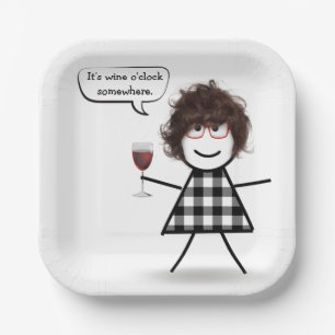 Assiettes En Carton Fille bâton avec humour de fête au vin rouge 