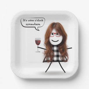 Assiettes En Carton Fille bâton avec humour de fête au vin rouge  