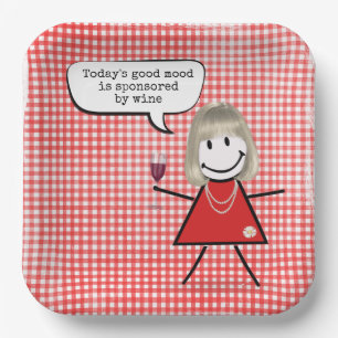 Assiettes En Carton Fille Bâton Avec Verre à Vin Sur Gingham