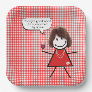 Assiettes En Carton Fille Bâton Avec Verre à Vin Sur Gingham