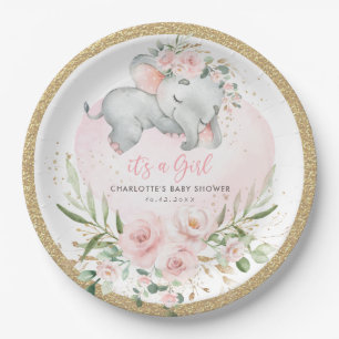 Assiettes En Carton Fille Bébé Eléphant Blush Rose Or Floral Douche