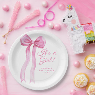 Assiettes En Carton Fille Bébé Rose avec un Nœud C'est Baby shower