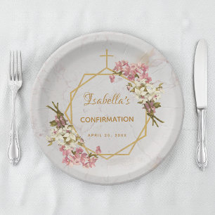 Assiettes En Carton Fille Confirmation Floral Or rose Orchidées Marbre