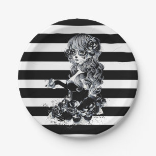 Assiettes En Carton Fille Crâne Sucre Jolie Rayée Noir & Blanc