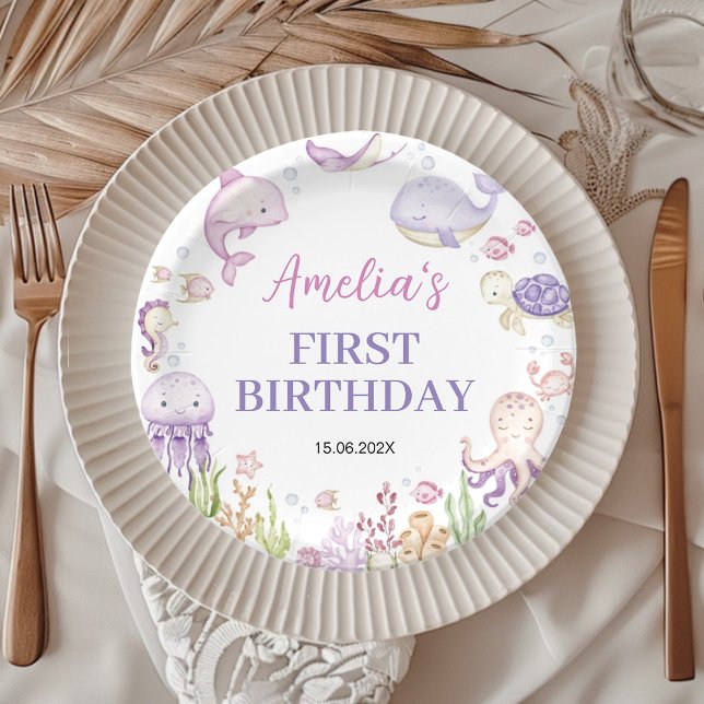 Assiettes En Carton Fille d'animaux marins sous la mer Anniversaire de (Créateur téléchargé)