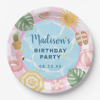 Assiettes En Carton Fille d'anniversaire de fête d'été à la piscine