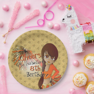 Assiettes En Carton Fille d'anniversaire pom-pom girl - Orange