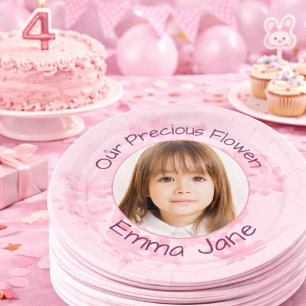 Assiettes En Carton Fille de 4 ans, Photo Florale Rose Minimaliste Ann