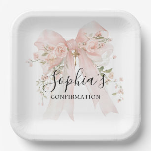 Assiettes En Carton Fille de confirmation Nœud rose rose