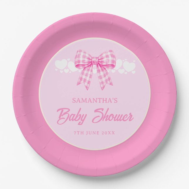 Assiettes En Carton Fille de douche bébé ruban Gingham rose (Devant)