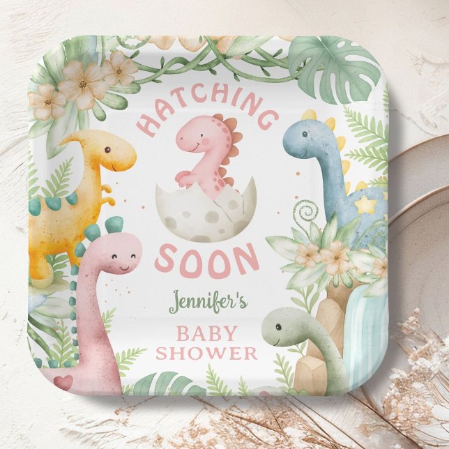 Assiettes En Carton Fille de douche de bébé dinosaure Rose Dino (Créateur téléchargé)
