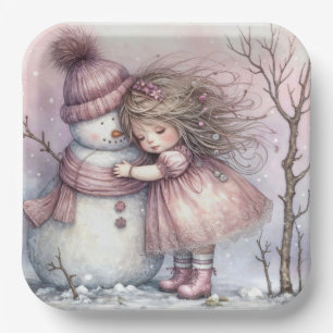 Assiettes En Carton Fille de Noël étreignant un bonhomme de neige