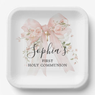 Assiettes En Carton Fille de première communion Rose Merci