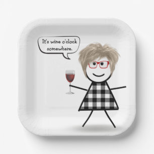 Assiettes En Carton Fille de stick figure avec du vin rouge 
