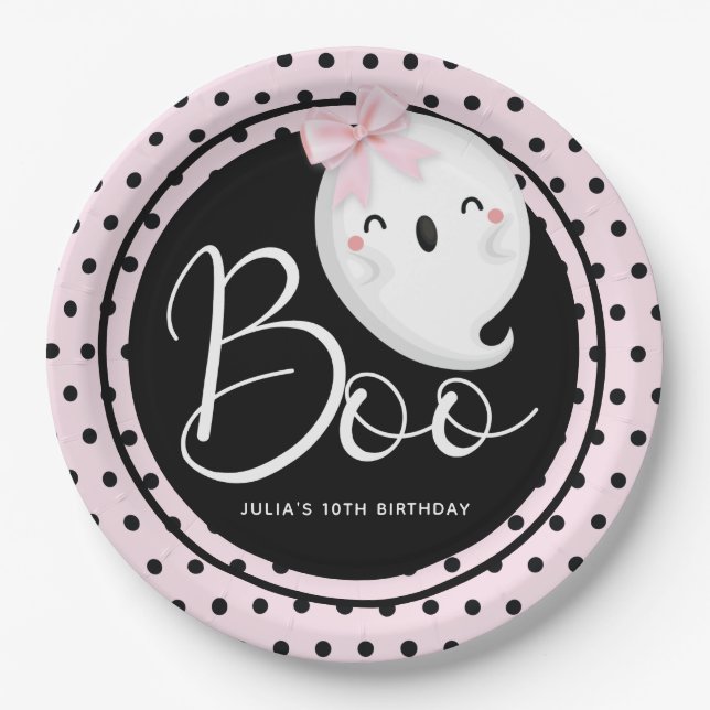 Assiettes En Carton Fille d'Halloween Anniversaire rose noir personnal (Devant)