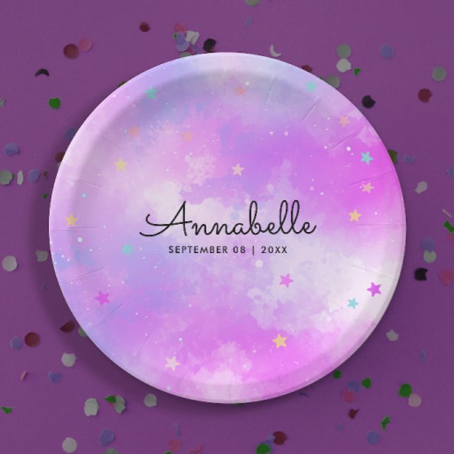Assiettes En Carton Fille Dreamy Rose Holographique Sky Stars Aquarell (Créateur téléchargé)
