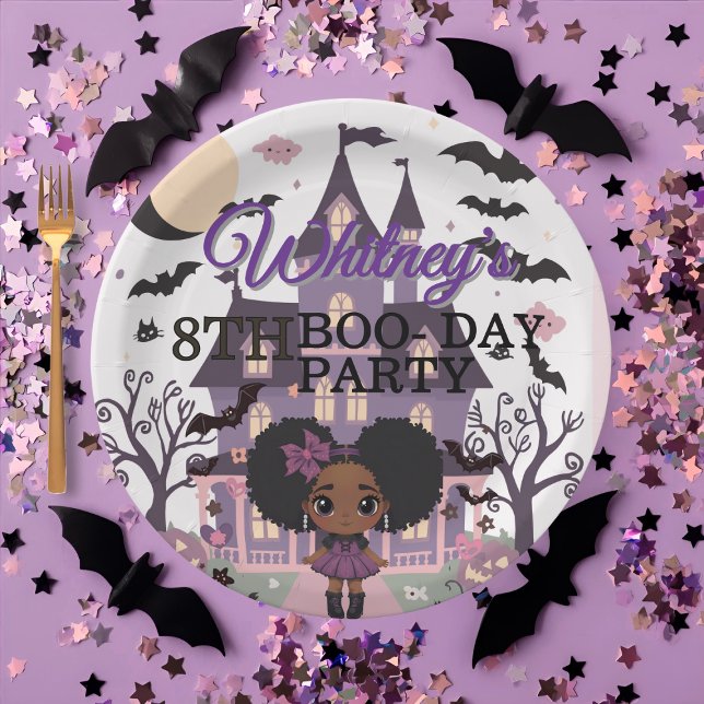 Assiettes En Carton Fille éffrayante Purple afro-puff fête d'anniversa (Spooky Girl Purple afro-puff Birthday Party Paper Plates)