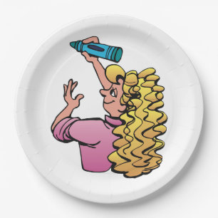 Assiettes En Carton Fille enjouée avec crayon de couleur