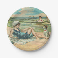Fille et chien victoriens vintage au bord de la me