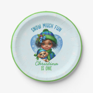 Assiettes En Carton Fille et chiot, beaucoup de plaisir neigeux pour u