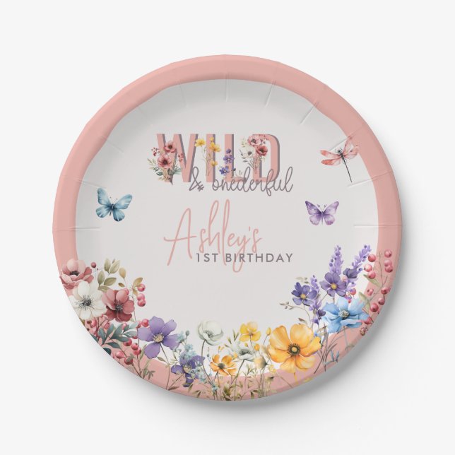 Assiettes En Carton Fille florale Anniversaire | Wild & Onederful (Devant)