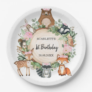 Assiettes En Carton Fille Florale Fête des animaux de forêt de Woodl