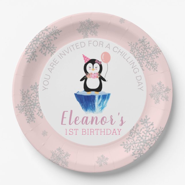Assiettes En Carton Fille hiver mignon Penguin rose Anniversaire (Devant)