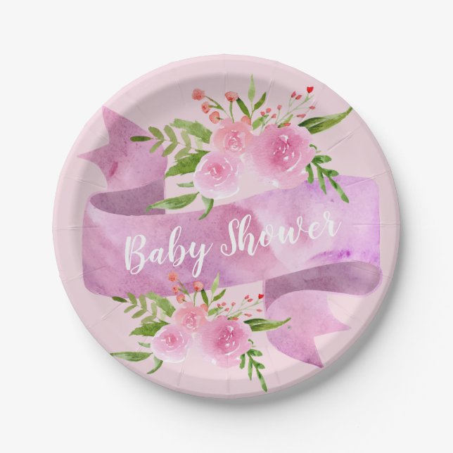 Assiettes En Carton Fille, Joli, Chic, Floral Baby shower rose (Devant)