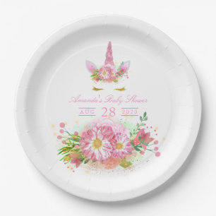 Assiettes En Carton Fille licorne florale rose et or Baby Shower